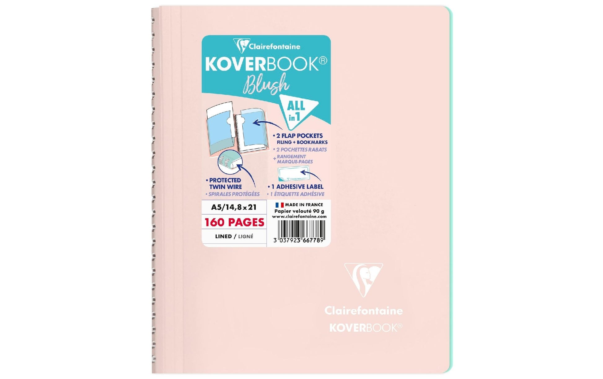 Clairefontaine Collegeblock – A5 – 90 g/m² – Doppelspirale, 2 Taschen, abgerundete Kanten, Rosa, PEFC