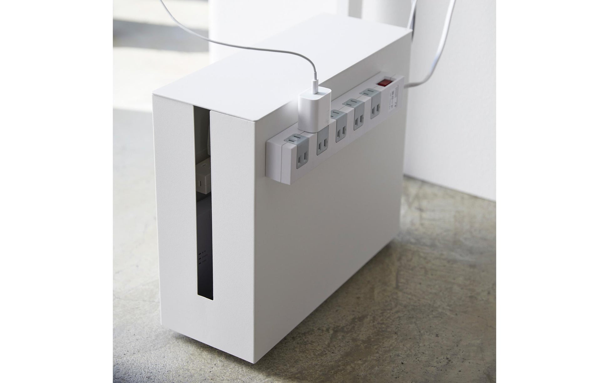 Yamazaki TOWER Kabelbox – Metall – Weiss – mit Rollen – 400 × 345 × 150 mm