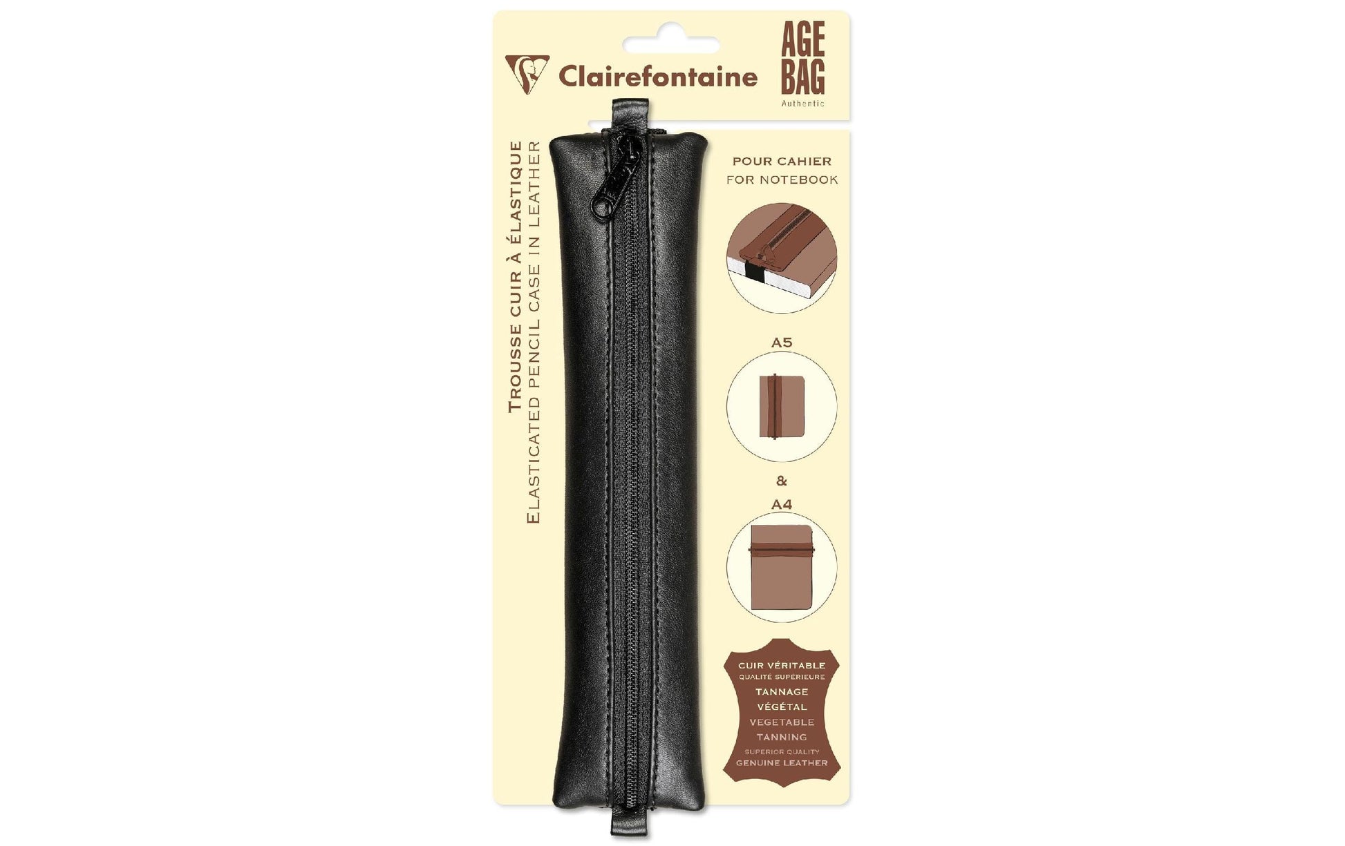 Clairefontaine Schlamperetui, leer, schwarz, Leder, 20 × 4,5 cm