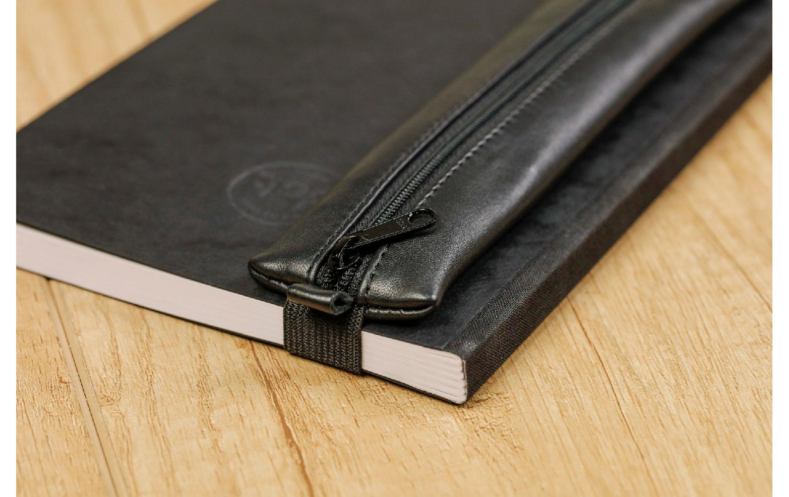 Clairefontaine Schlamperetui, leer, schwarz, Leder, 20 × 4,5 cm