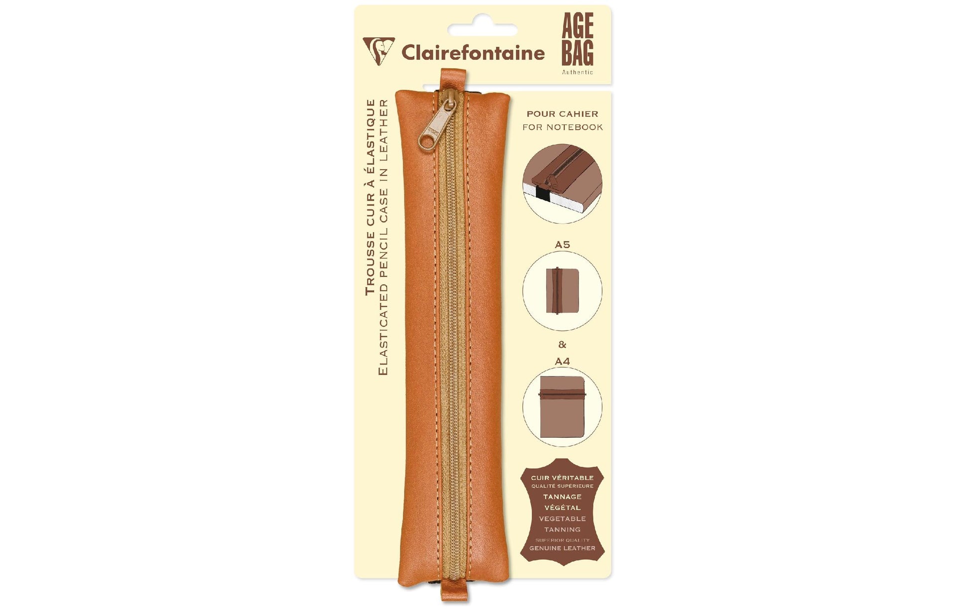 Clairefontaine AgeBag – Schlamperetui, leer, beige, Leder, 20 × 4,5 cm
