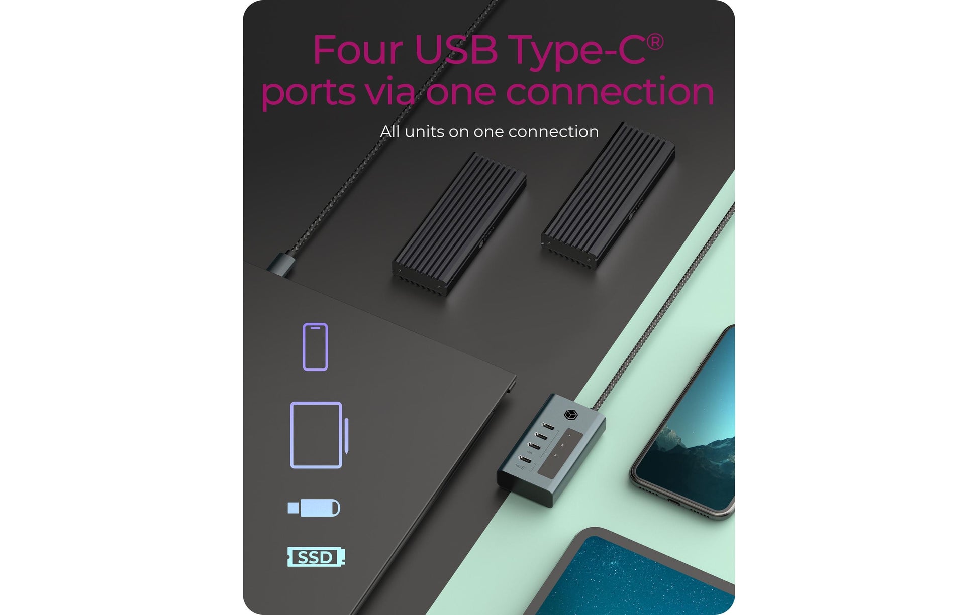 ICY BOX IB-HUB1454-C31 USB-Hub – USB-C, 4× USB-C 10 Gbit/s, 20 W PD, für Windows/Mac