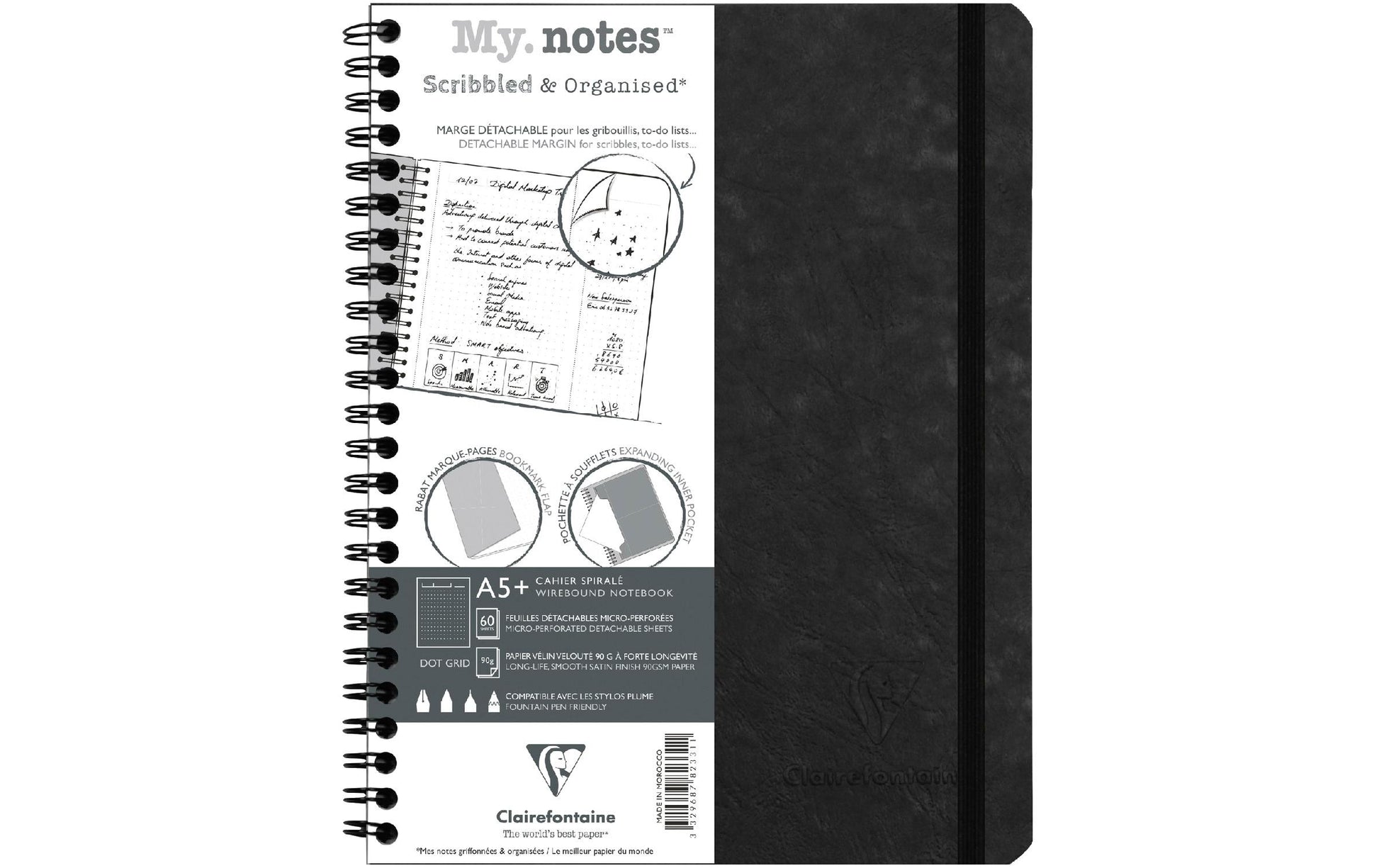 Clairefontaine Notizbuch – A5+ (160 × 210 mm) – 120 Seiten – 90 g/m² – Doppelspirale, schwarz, PEFC