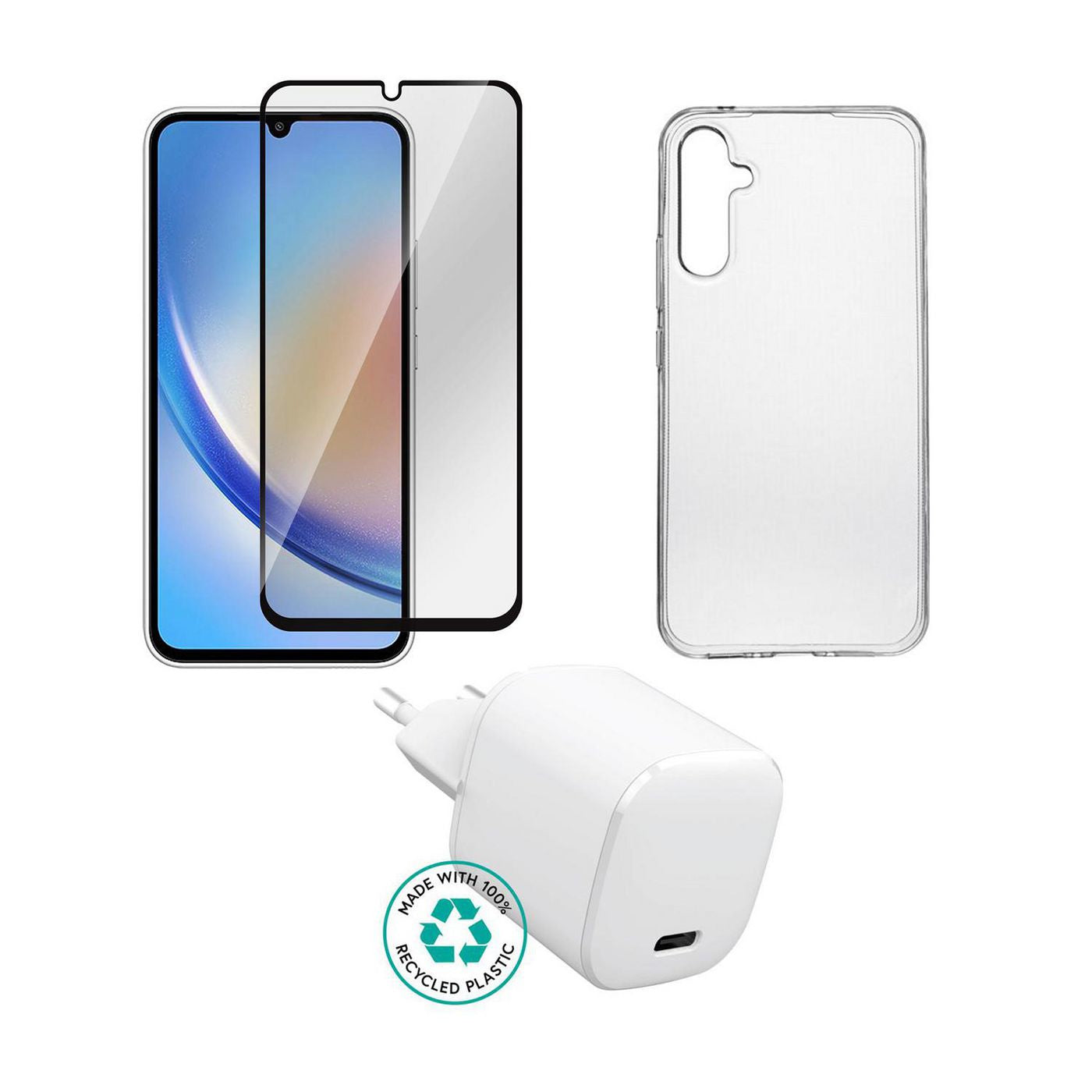 eSTUFF 3-in-1 Starter-Set (Ladegerät, Hülle, Displayschutzglas) – für Samsung Galaxy A36 – Braun