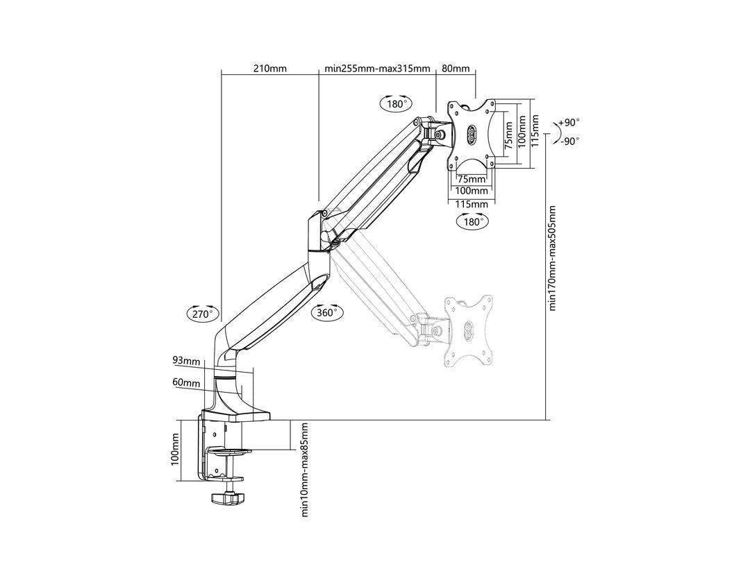 Multibrackets Spring 3255 – Tischhalterung, Tischklemme, bis 27", VESA 75 × 75/100 × 100 mm, 9 kg, silber