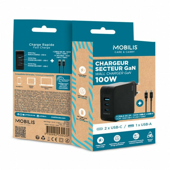 Mobilis Netzteil – 100 W, 2× USB-C + 1× USB-A, GaN, mit 2 m Kabel