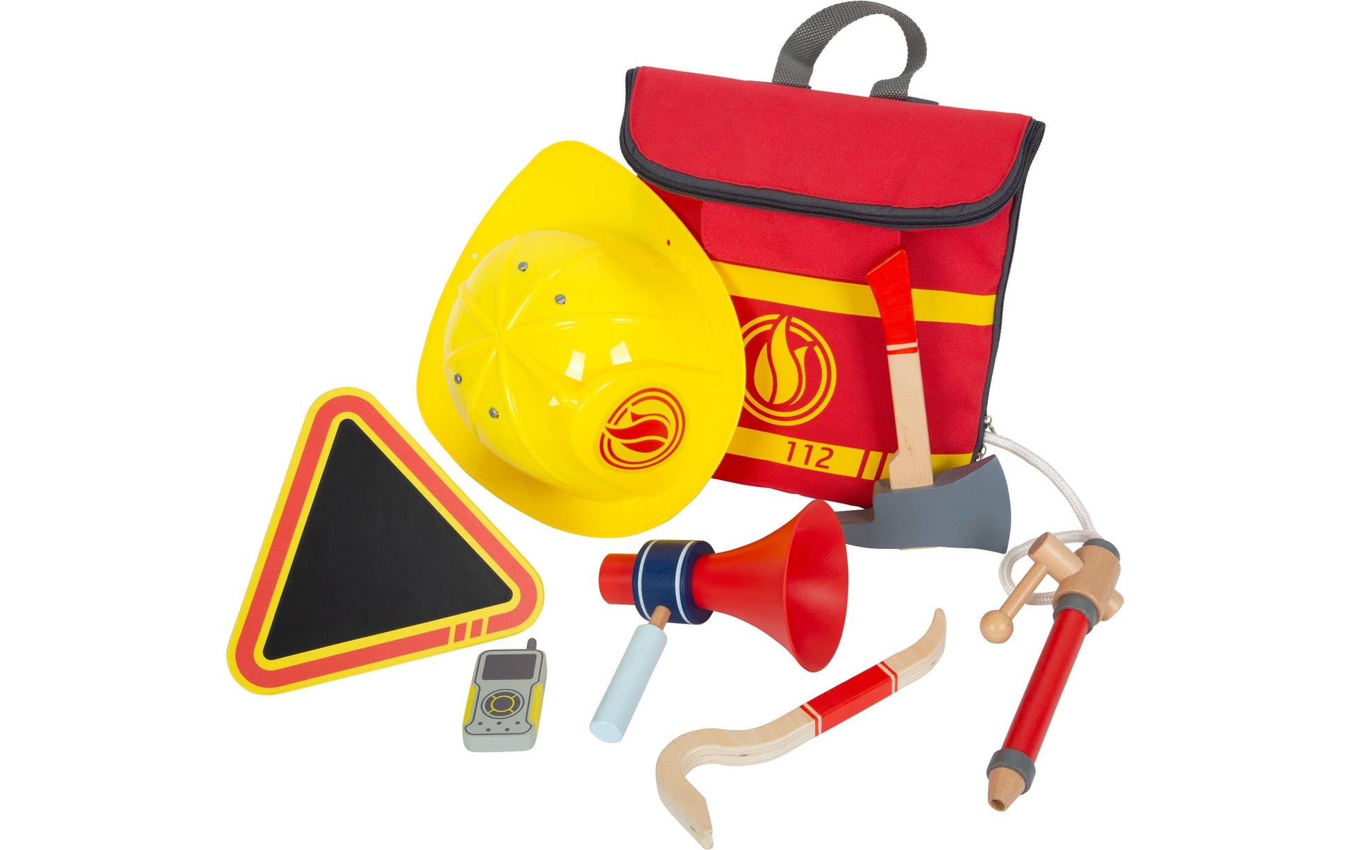 Small foot Feuerwehrrucksack – 25,0 × 26,0 × 10,0 cm – gelb/rot – ab 3 J. – Stoff, Kunststoff, Holz