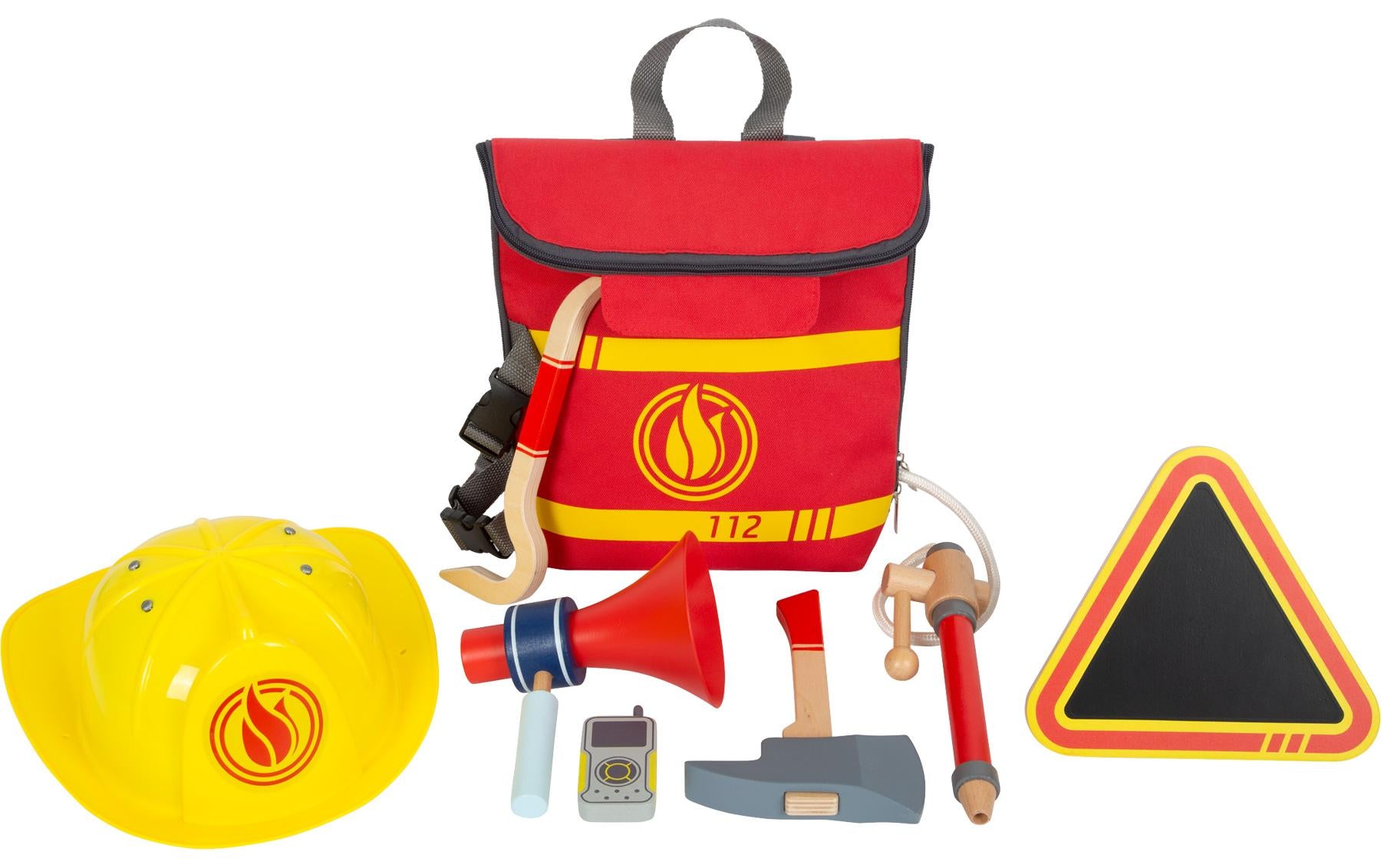 Small foot Feuerwehrrucksack – 25,0 × 26,0 × 10,0 cm – gelb/rot – ab 3 J. – Stoff, Kunststoff, Holz