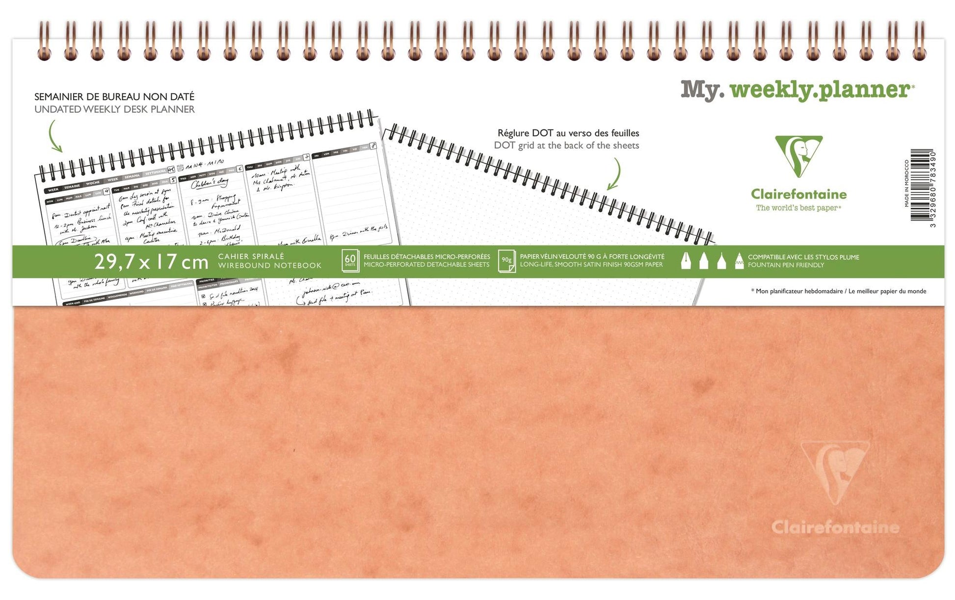 Clairefontaine AgeBag – Wochenplaner ohne Jahr, 15 Monate, 29,7 × 17,0 cm, Hardcover, Spiralbindung, Braun