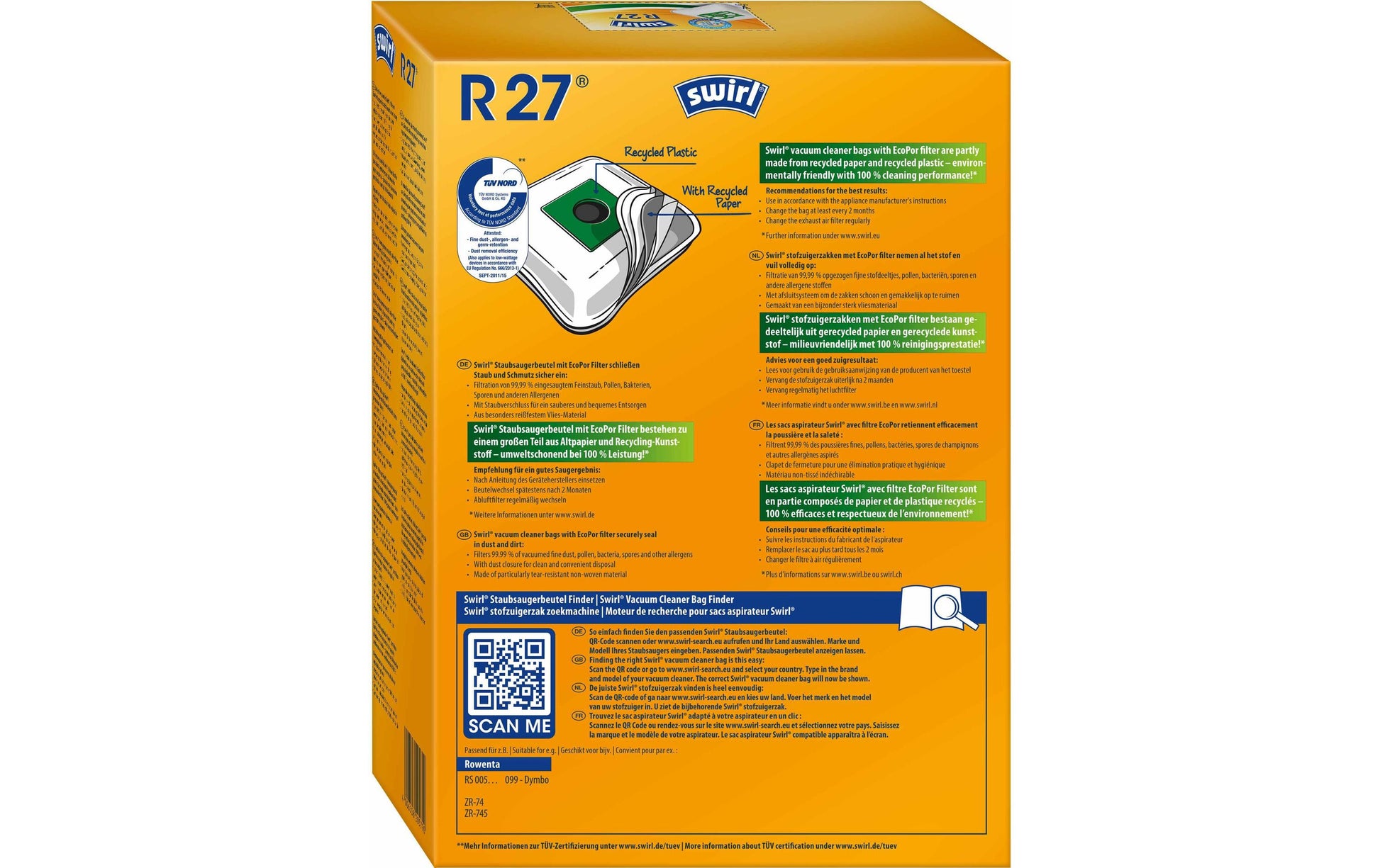 Swirl Staubbeutel R 27 – 4 Stück, für Rowenta RS 005 099 / Dymbo ZR-74 / ZR-745