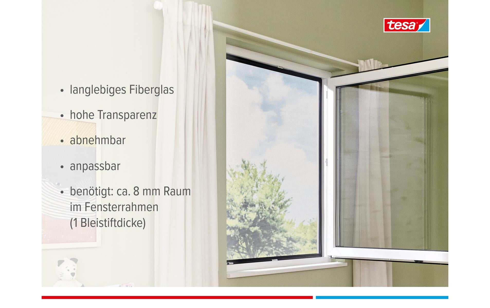 tesa Fenster-Fliegengitter – 100 × 120 cm – Anthrazit – PVC-Netz – Clip-Befestigung – für Fenster