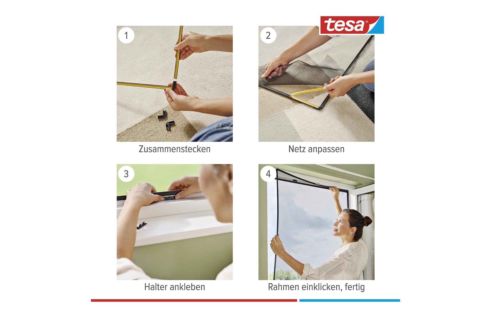 tesa Fenster-Fliegengitter – 100 × 120 cm – Anthrazit – PVC-Netz – Clip-Befestigung – für Fenster