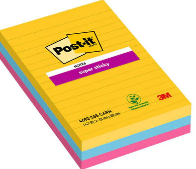 Post-it Super Sticky Haftnotizen – 101×152 mm – sortiert (ultragelb, ultrablau, ultrapink), 3×90 Blatt, PEFC