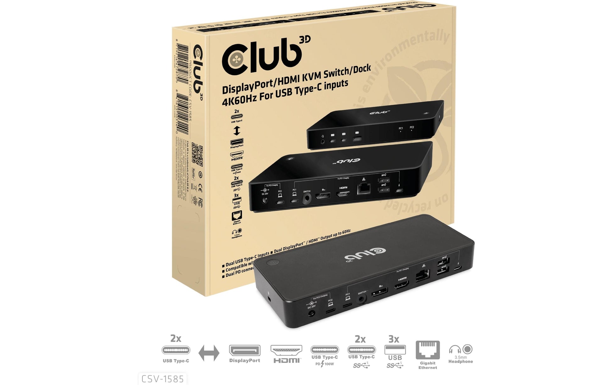 CLUB3D Club 3D – KVM-Switch, USB-C/3× USB 3.2 Gen 1 Typ A/HDMI/DisplayPort/LAN, PD 120 W, 1 Gbit/s