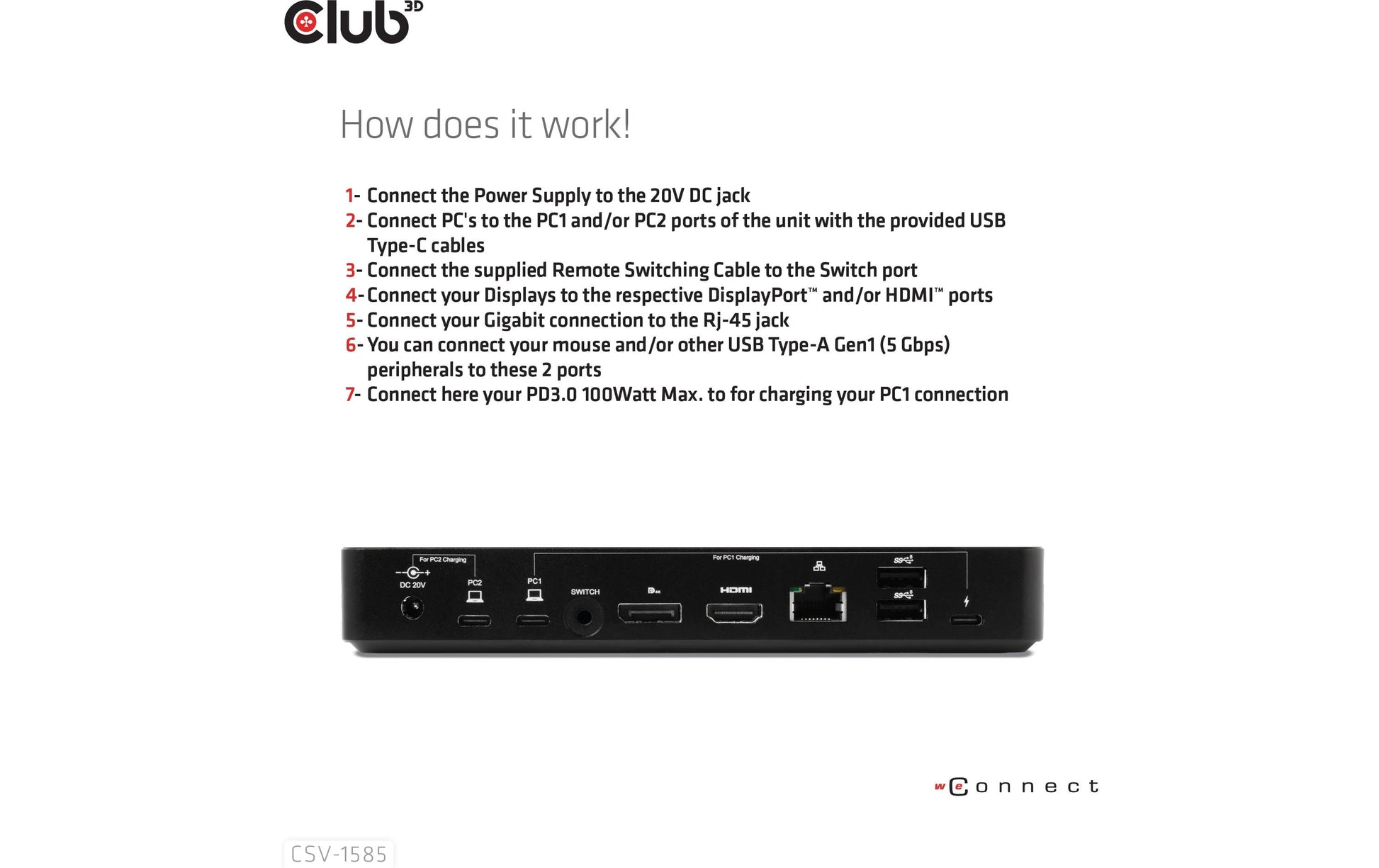 CLUB3D Club 3D – KVM-Switch, USB-C/3× USB 3.2 Gen 1 Typ A/HDMI/DisplayPort/LAN, PD 120 W, 1 Gbit/s
