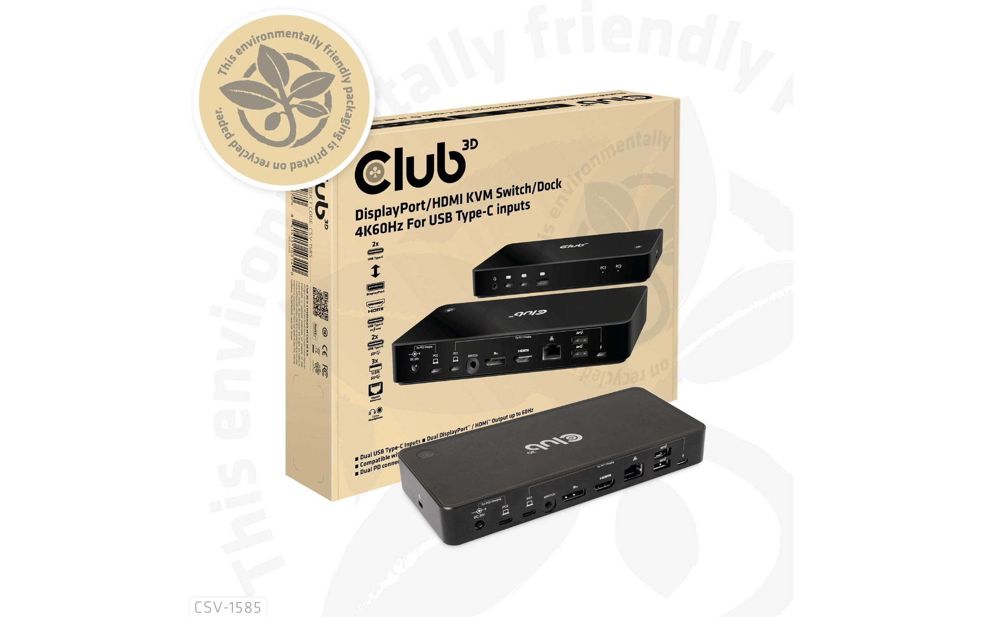 CLUB3D Club 3D – KVM-Switch, USB-C/3× USB 3.2 Gen 1 Typ A/HDMI/DisplayPort/LAN, PD 120 W, 1 Gbit/s