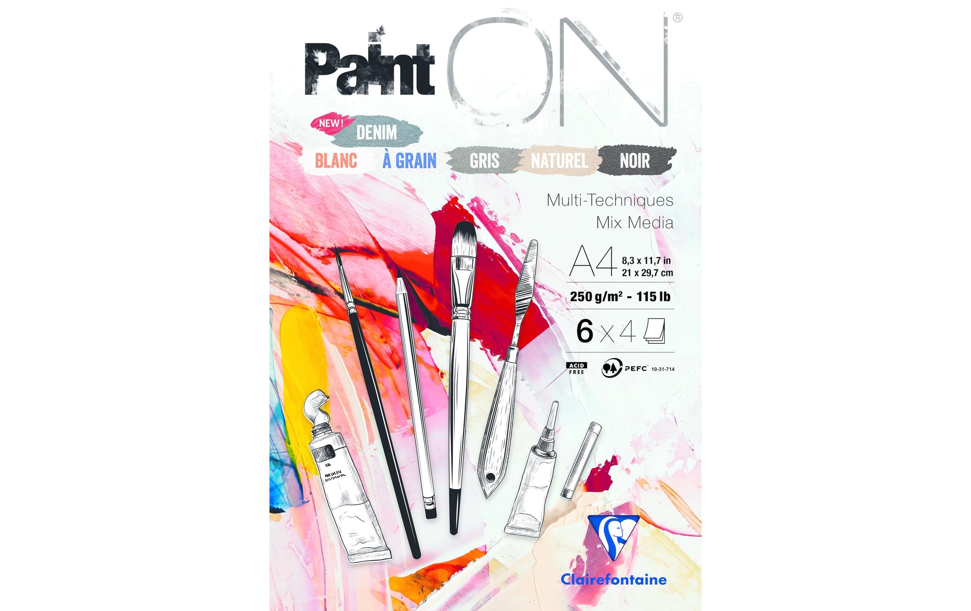 Clairefontaine PaintON Mixed Media Block – A4 – 250 g/m² – 24 Blatt, Mehrfarbig, für Acryl, Marker & Graphit