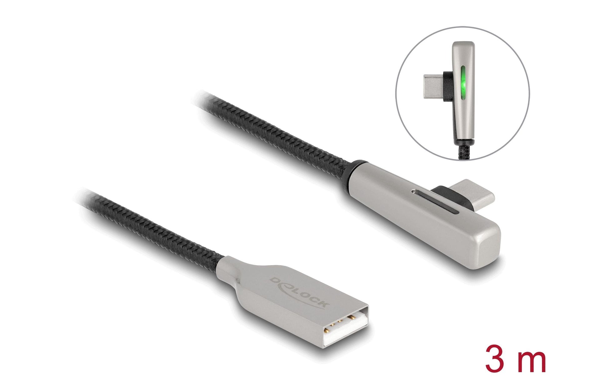 DeLOCK USB-A auf USB-C Kabel – USB 2.0 – 3 m – PD 60 W – Abgewinkelt, Textilmantel – Schwarz/Silber