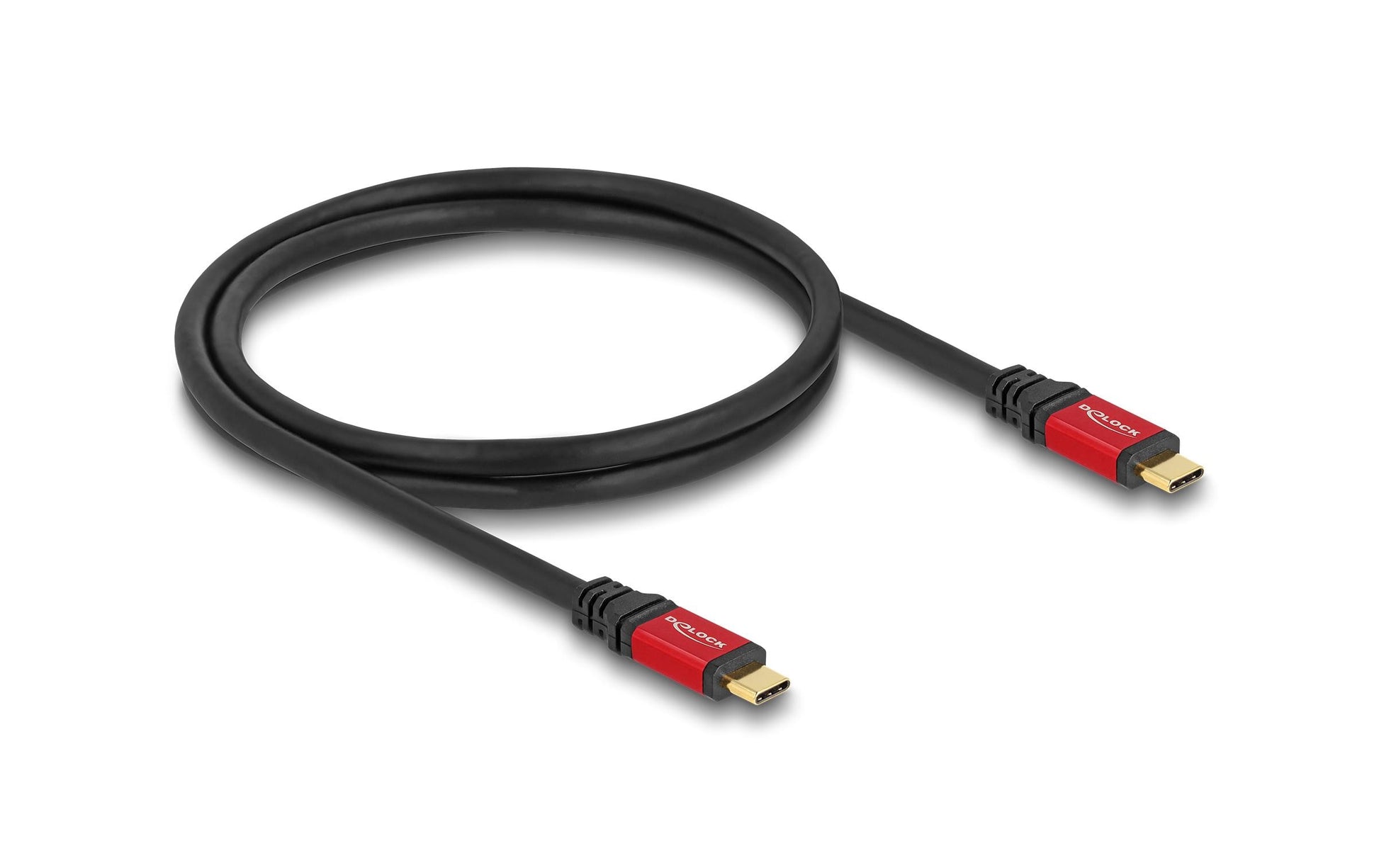 DeLOCK USB-C auf USB-C Kabel – USB 2.0 (480 Mbit/s) – 1 m – PD 100 W – E-Marker, Goldstecker – Schwarz/Rot