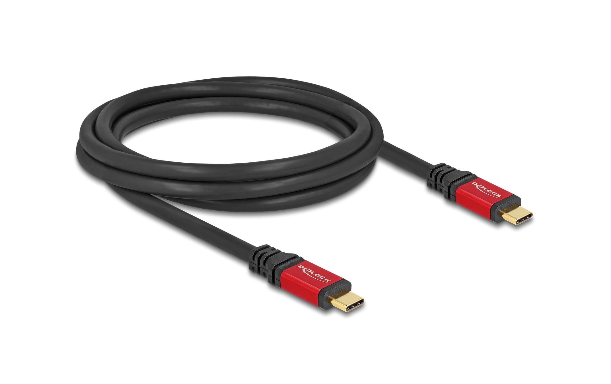 DeLOCK USB-C auf USB-C Kabel – USB 2.0 (480 Mbit/s) – 2 m – PD 240 W – E-Marker, Goldstecker – Schwarz/Rot