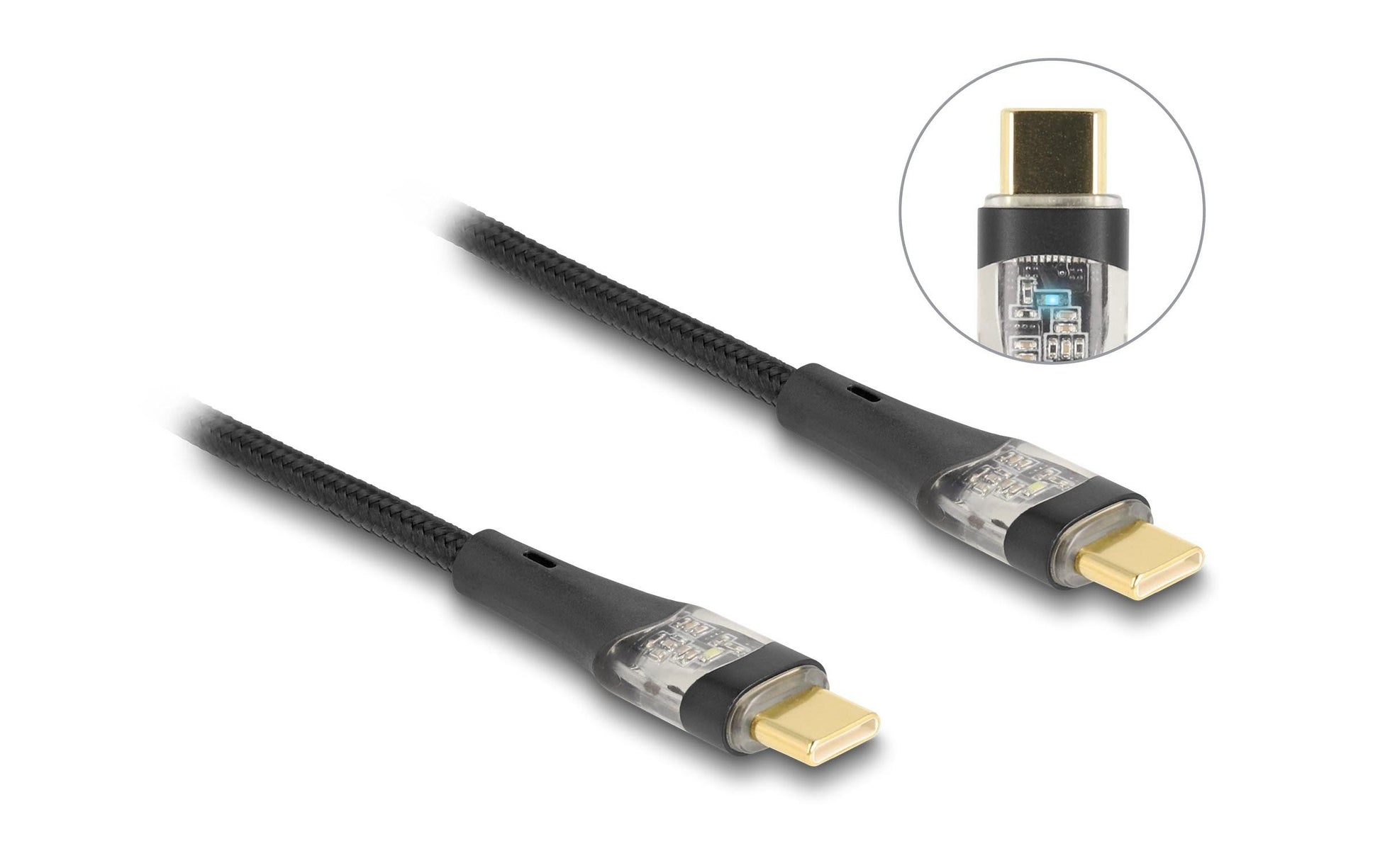 DeLOCK USB-C auf USB-C Kabel – USB 2.0 (480 Mbit/s) – 3 m – PD 100 W – Textilmantel, Leuchtend – Schwarz