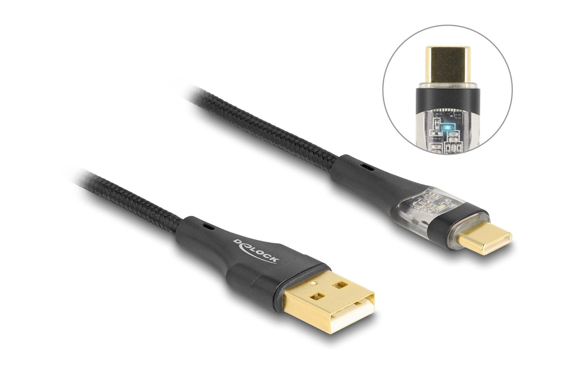 DeLOCK USB-A auf USB-C Kabel – USB 2.0 (480 Mbit/s) – 3 m – PD 60 W – Textilmantel, leuchtend – Schwarz