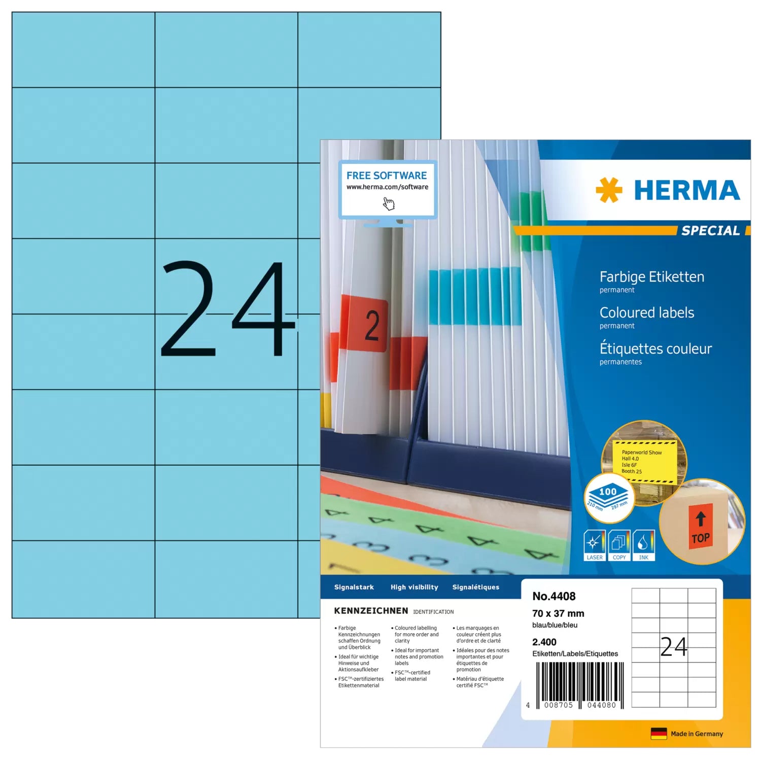 HERMA Druckeretiketten, 70 mm × 37 mm, blau, Papier, permanent haftend, 100 Blatt