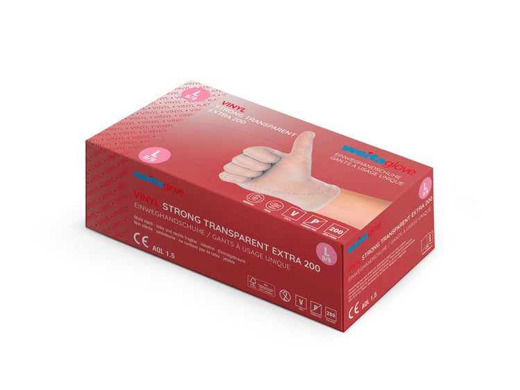 Weitaglove Einweghandschuhe Vinyl Strong Extra – L, 200 Stück – Transparent, EN 374 AQL 1,5, puderfrei