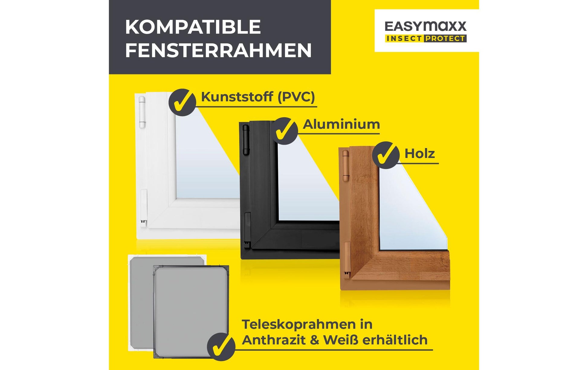 EASYmaxx Fenster-Fliegengitter – 73–120 × 83–140 cm – Anthrazit – Nylon – Aluminium-Rahmen
