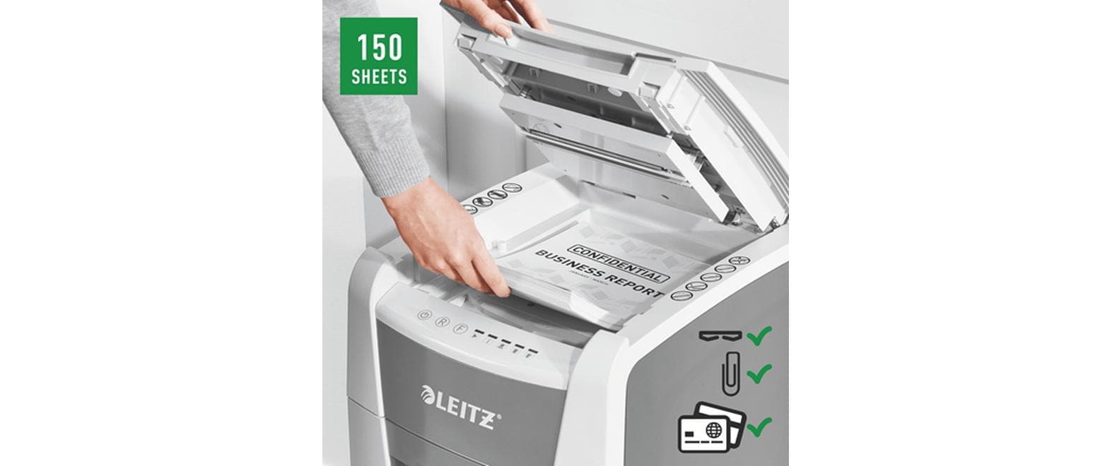 Leitz bürogeräte Leitz IQ Autofeed Office150 – Aktenvernichter mit Autofeed 150 Blatt, DIN P-4, Partikelschnitt 4 × 28 mm, 44 l