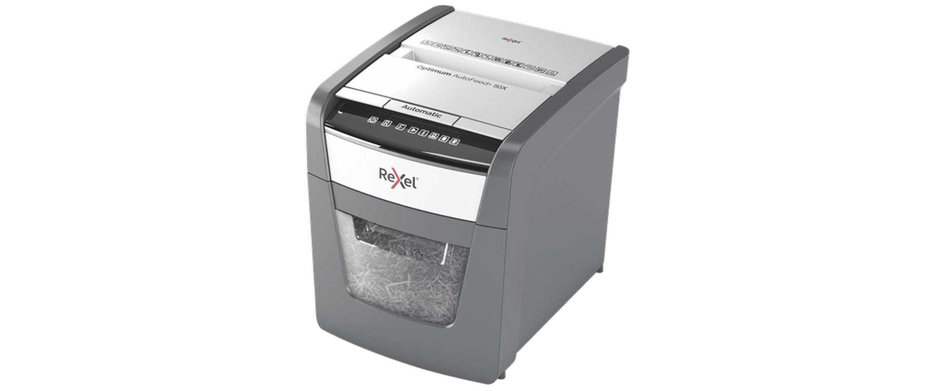 Rexel Optimum AutoFeed+ 50X – Aktenvernichter mit Autofeed 50 Blatt, DIN P-4, Partikelschnitt 4 × 28 mm, 20 l