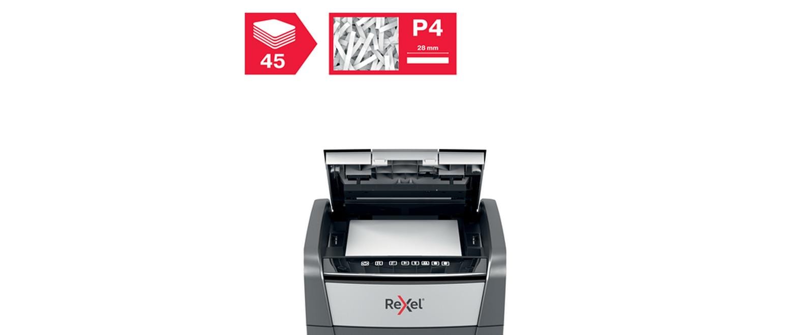 Rexel Optimum AutoFeed+ 45X – Aktenvernichter mit Autofeed 45 Blatt, DIN P-4, Partikelschnitt 4 × 28 mm, 20 l