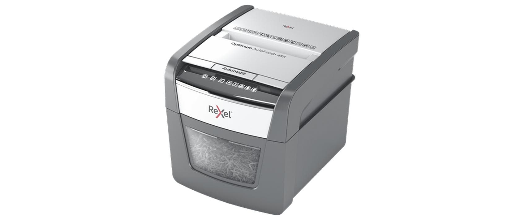 Rexel Optimum AutoFeed+ 45X – Aktenvernichter mit Autofeed 45 Blatt, DIN P-4, Partikelschnitt 4 × 28 mm, 20 l