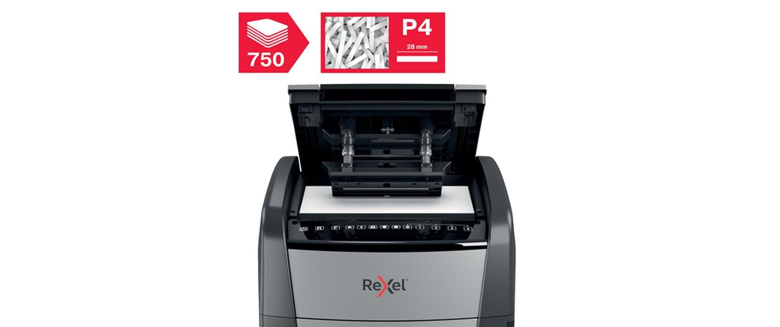 Rexel Optimum AutoFeed+ 750X – Aktenvernichter mit Autofeed 750 Blatt, DIN P-4, Partikelschnitt 4 × 30 mm, 140