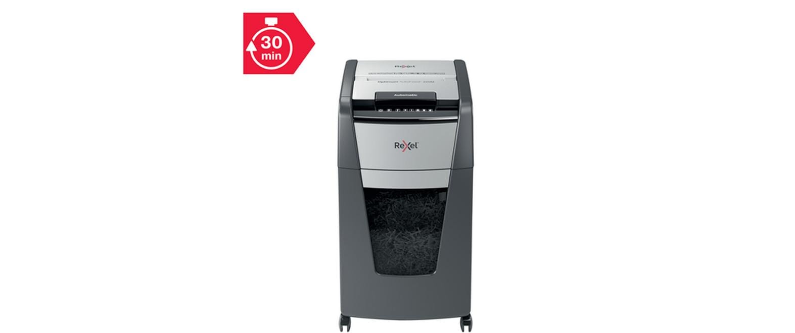 Rexel Optimum AutoFeed+ 225M – Aktenvernichter mit Autofeed 225 Blatt, DIN P-5, Mikroschnitt 2 × 15 mm, 60 l