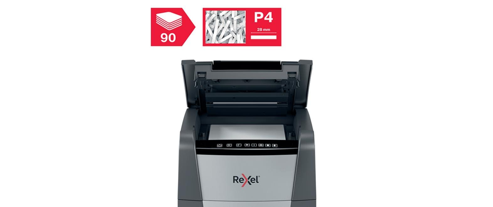 Rexel Optimum AutoFeed+ 90X – Aktenvernichter mit Autofeed 90 Blatt, DIN P-4, Partikelschnitt 4 × 28 mm, 34 l
