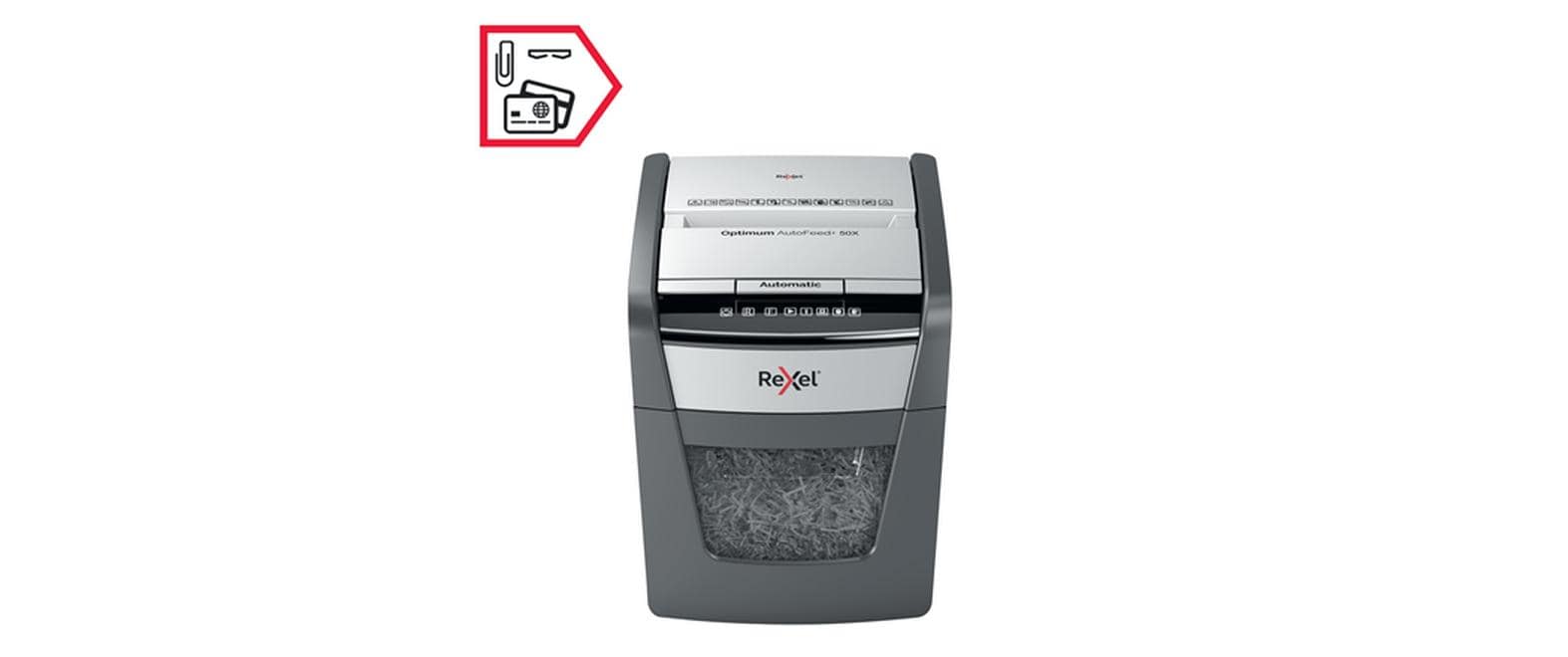 Rexel Optimum AutoFeed+ 50X – Aktenvernichter mit Autofeed 50 Blatt, DIN P-4, Partikelschnitt 4 × 28 mm, 20 l