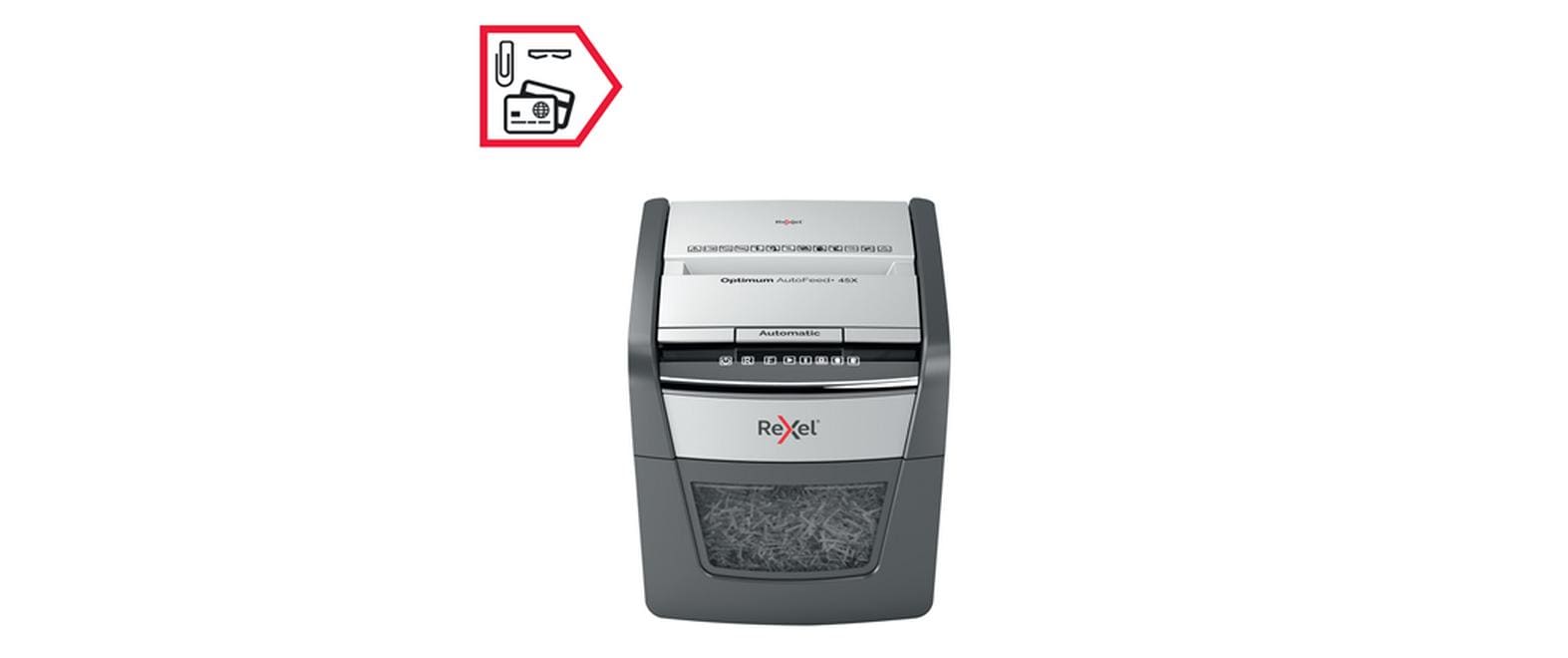 Rexel Optimum AutoFeed+ 45X – Aktenvernichter mit Autofeed 45 Blatt, DIN P-4, Partikelschnitt 4 × 28 mm, 20 l