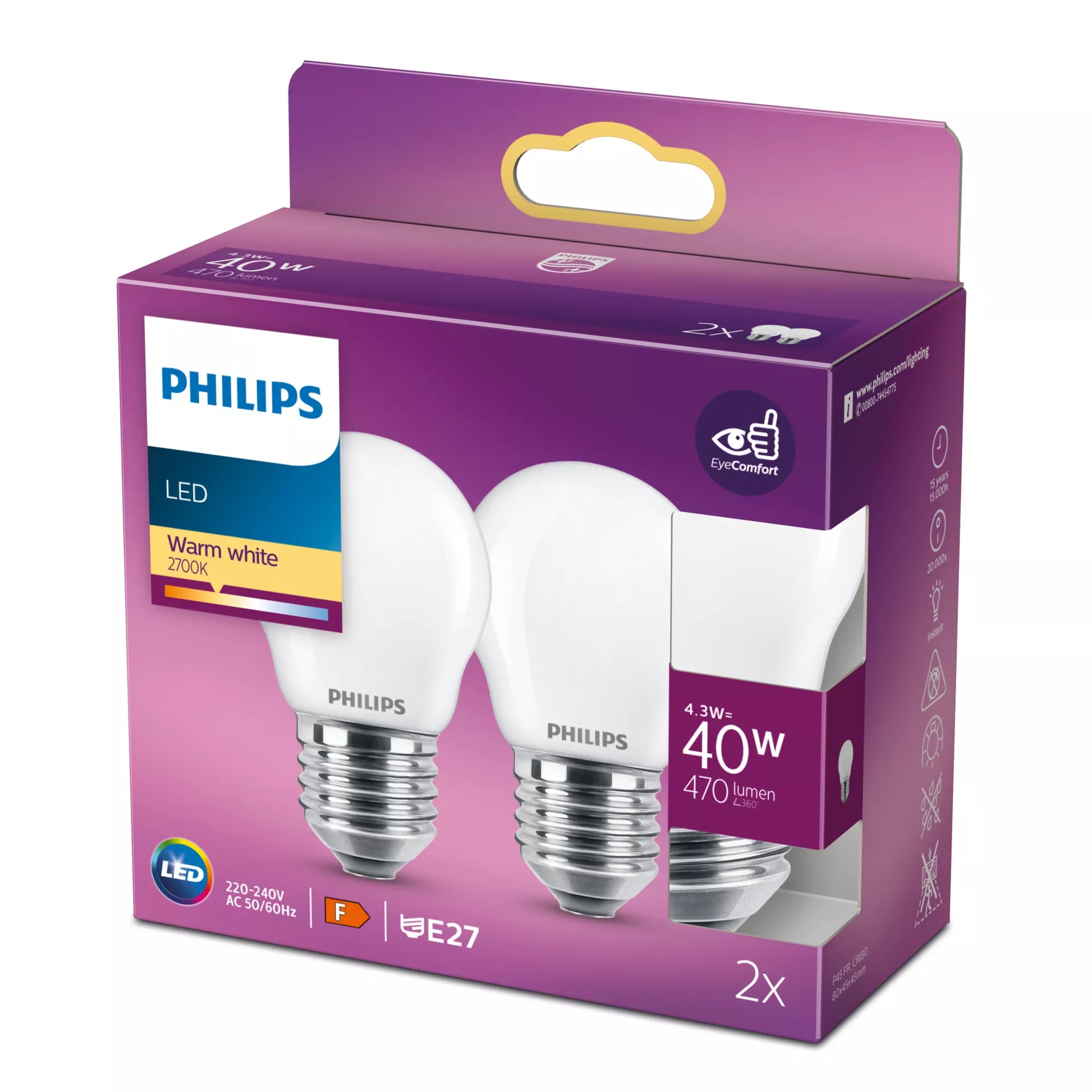Philips by Signify Philips LED-Leuchtmittel E27 P45 – 470 lm, 4,3 W, Warmweiss 2700 K – Mattglas – 1 Stk.