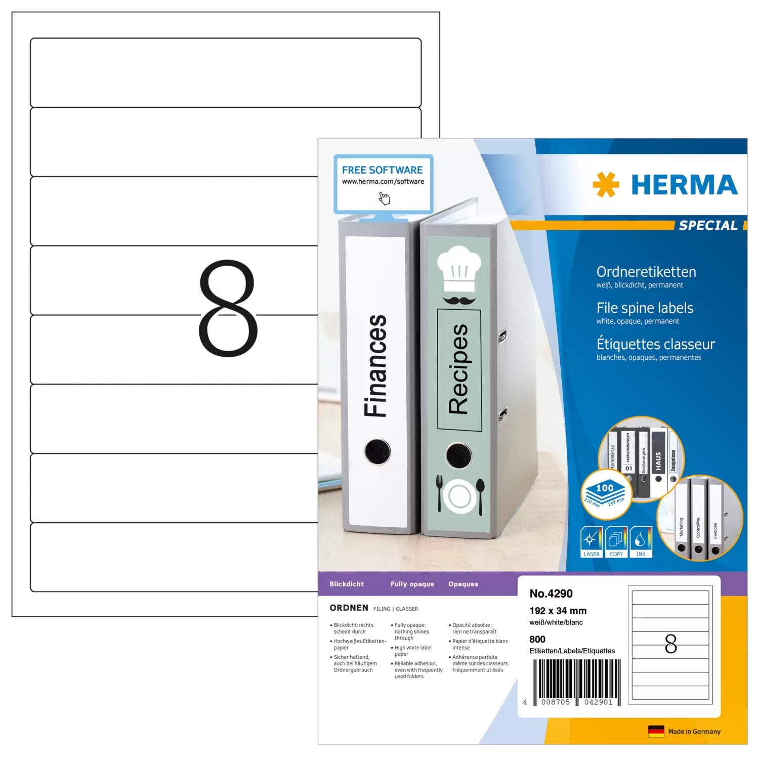 HERMA Ordneretiketten, 192 mm × 34 mm, weiss, Papier, permanent, 800 Etiketten (100 Blatt)