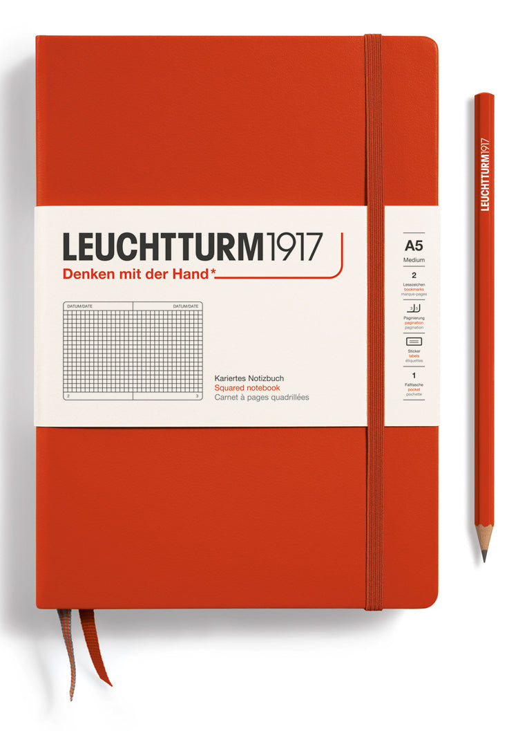 Leuchtturm Notizbuch – A5 – kariert 5 mm – 251 Seiten – 80 g/m² – Hardcover, Gummiband, Einstecktasche, rot, F
