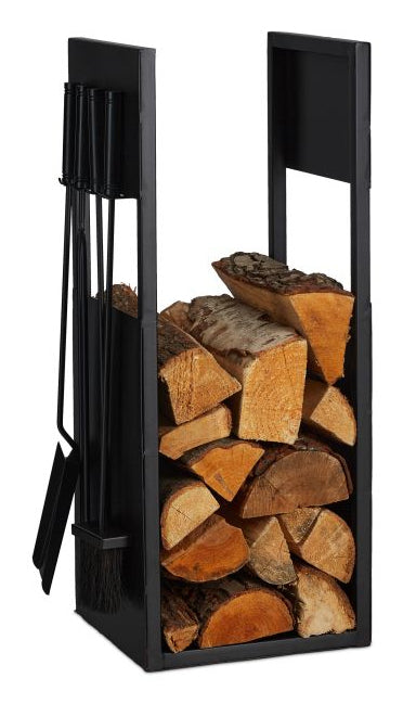 Relaxdays Kaminholzregal – Eisen/Aluminium/Jute – Schwarz – 360 × 765 × 300 mm