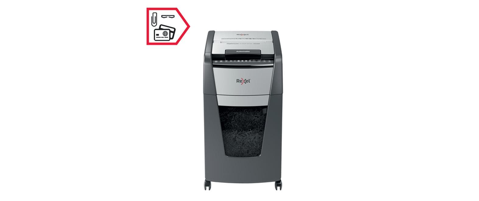 Rexel Optimum AutoFeed+ 300M – Aktenvernichter mit Autofeed 300 Blatt, DIN P-5, Mikroschnitt 2 × 15 mm, 60 l
