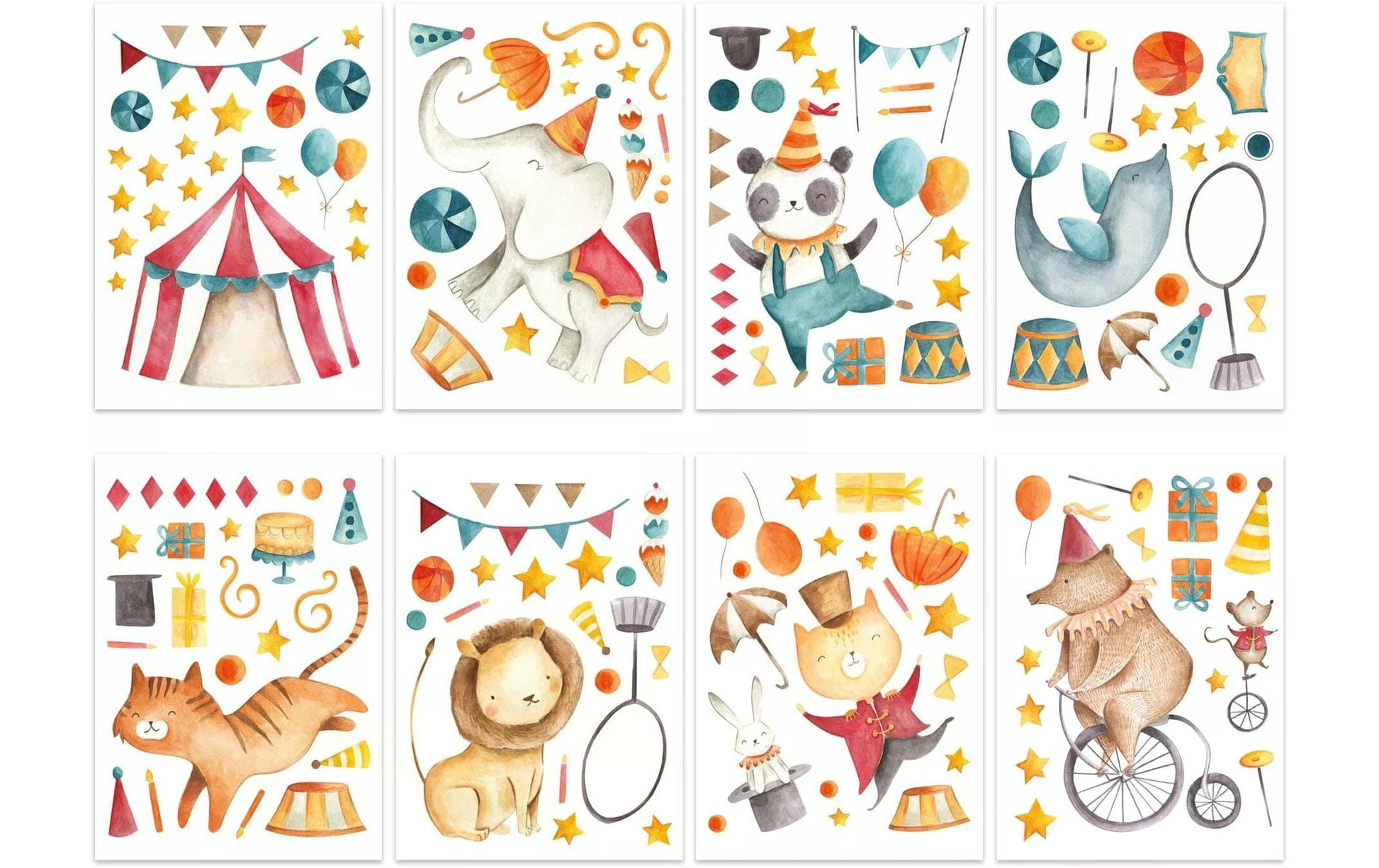Papierdrachen Wandtattoos-Set Zirkus – für Glas, Spiegel, Kunststoff u. a. – Papier, mehrfarbig – 8-teilig