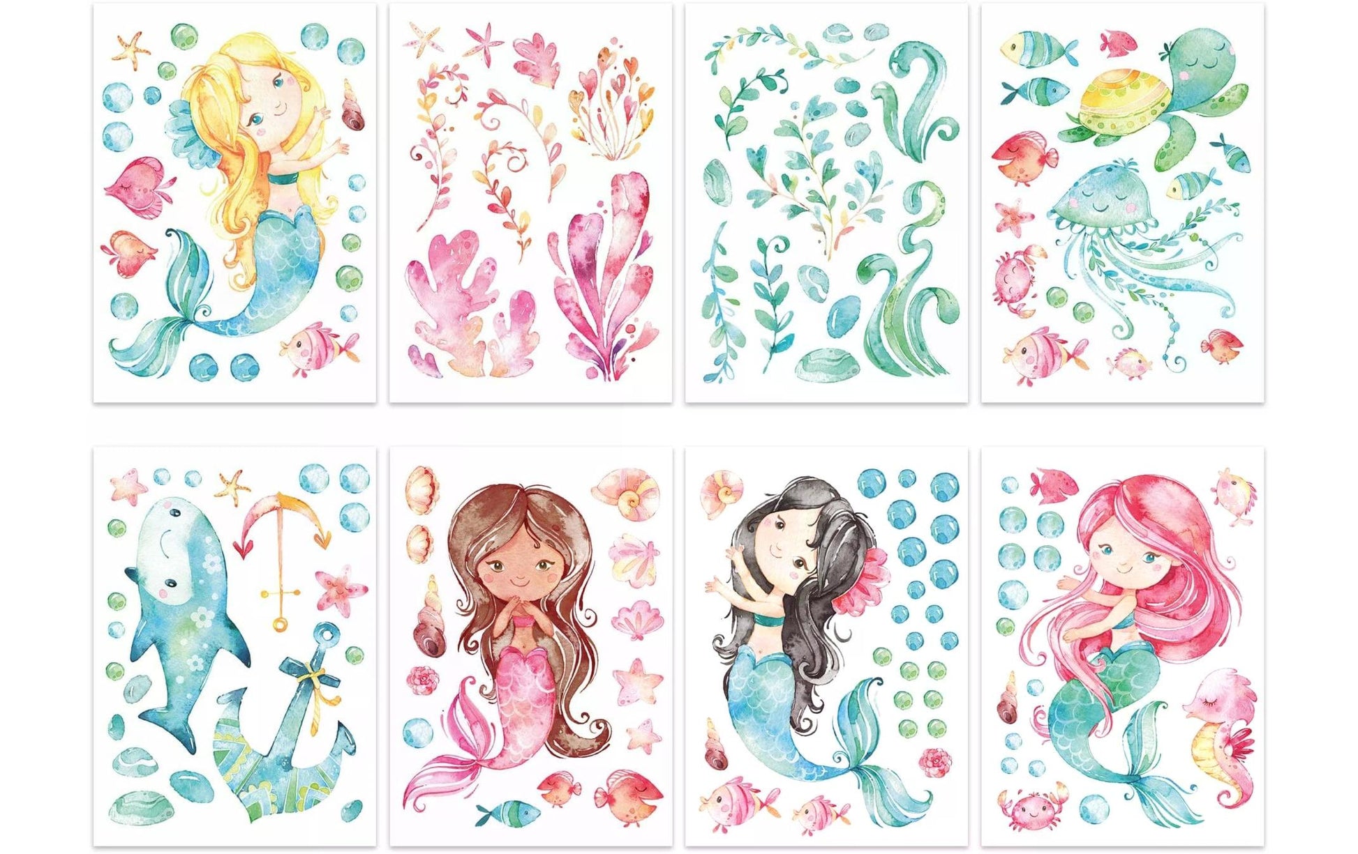 Papierdrachen Wandtattoos-Set – Meerjungfrau, 22 × 30 cm – Papier, Mehrfarbig