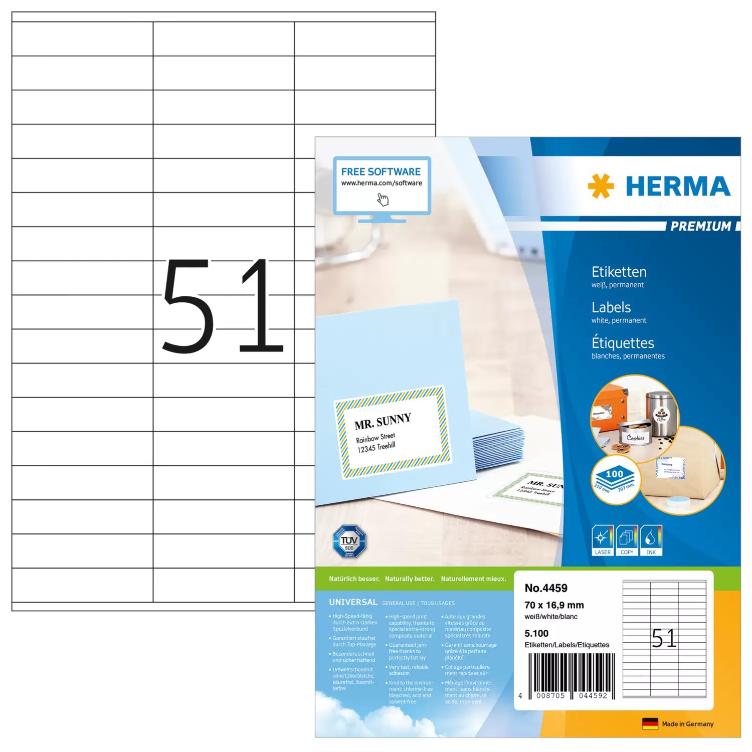HERMA Bogenetiketten, 70 mm × 17 mm, weiss, Papier, permanent, 100 Blatt (5100 Etiketten)