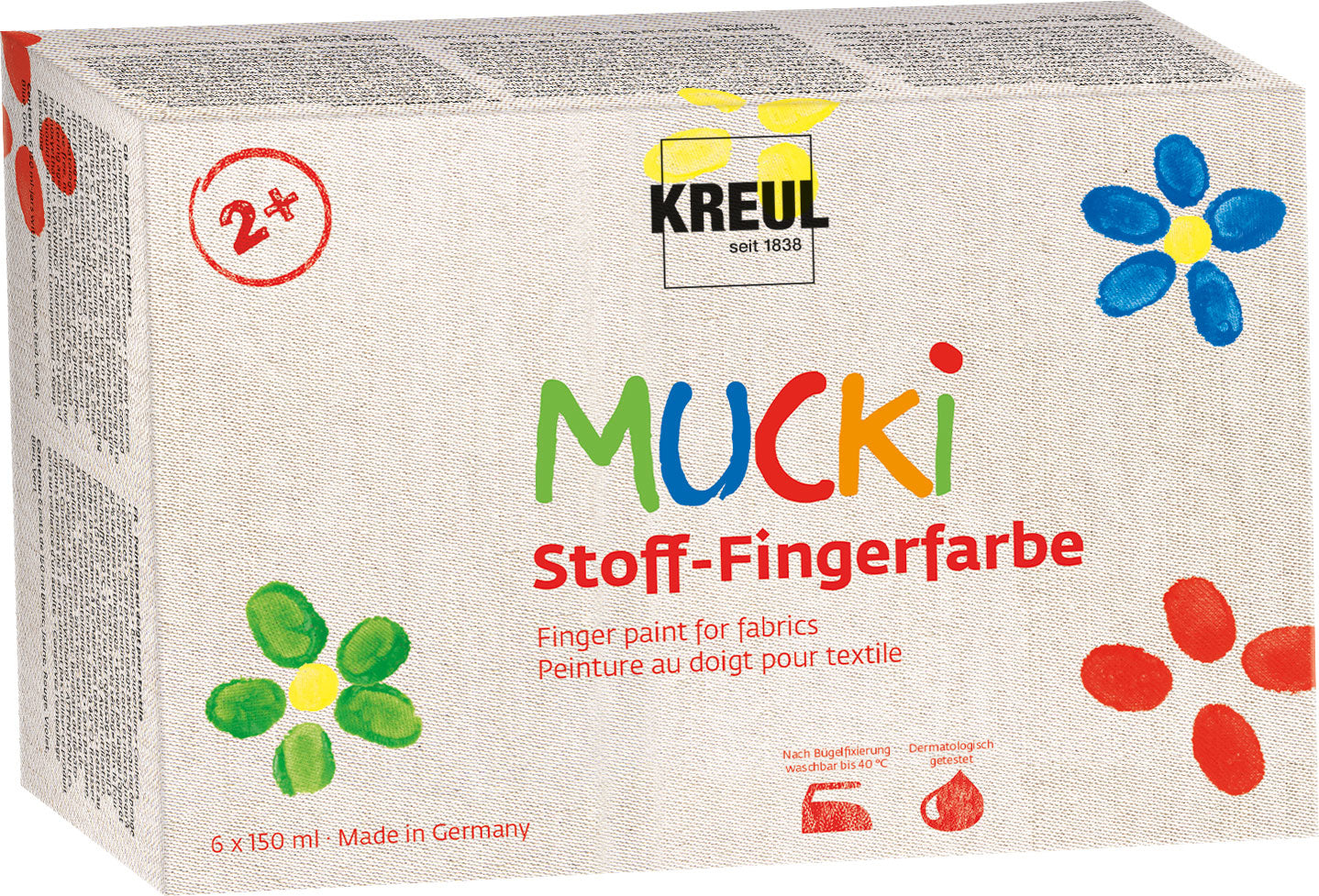 KREUL Fingerfarben – 6 Farben – 6×150 ml (900 ml) – Auswaschbar – Für Baumwollgewebe