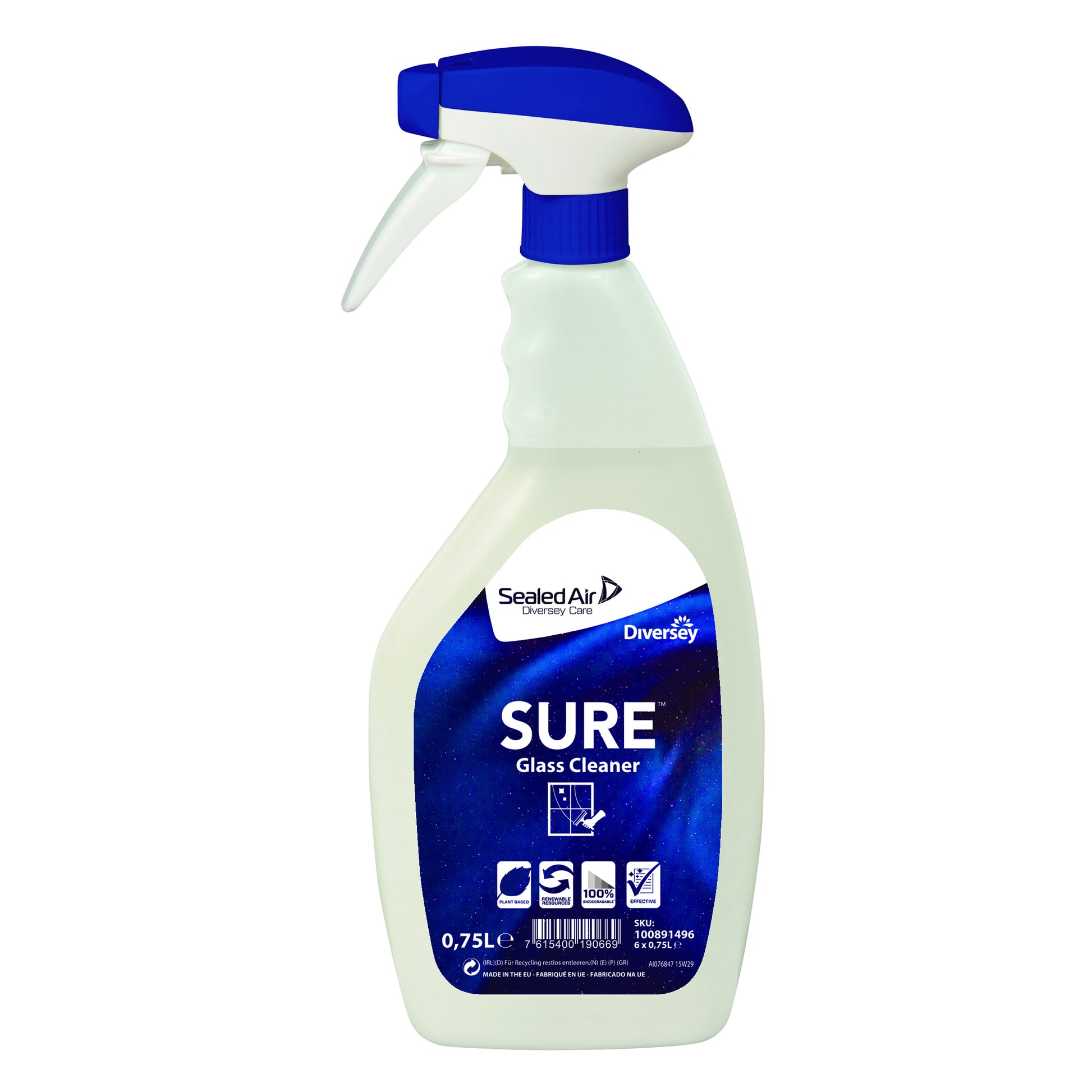 Diversey SURE Glas-/Oberflächenreiniger für Glas/Spiegel – parfümfrei, Spraydose – 6×750 ml