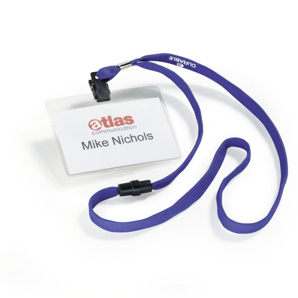 Durable Namensschild – 90×60 mm – Textilband, blau, transparent, quer – Pack à 10