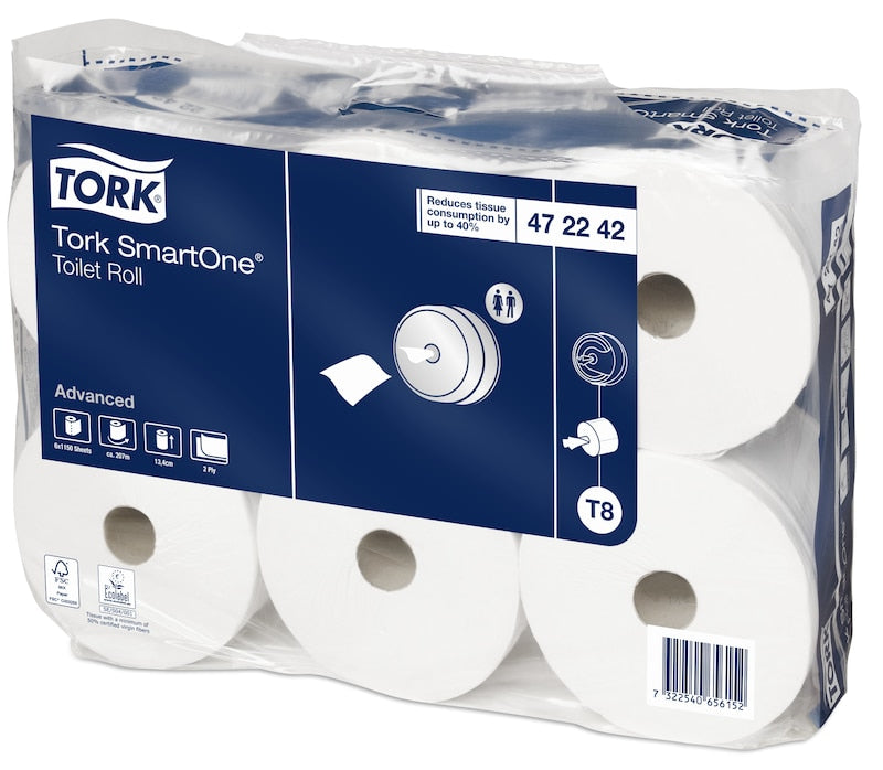 Tork SmartOne Toilettenpapier – 2-lagig, Rollenlänge 207 m, 1'150 Blatt/Rolle – für Tork T8 – 6 Rollen